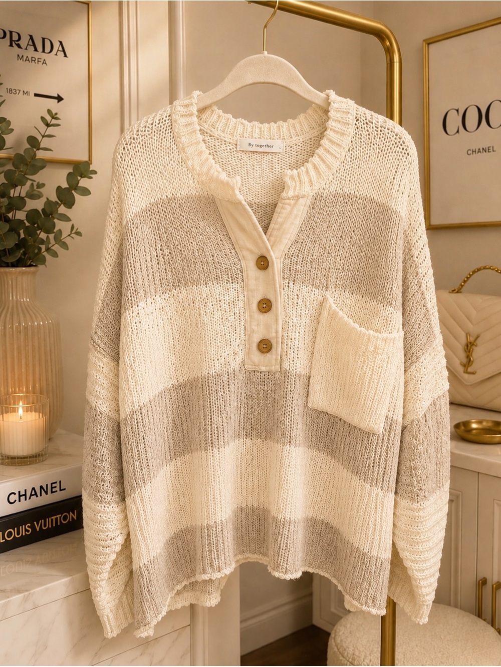 By Together Cream & Beige Striped Button-Placket Knit Pullover